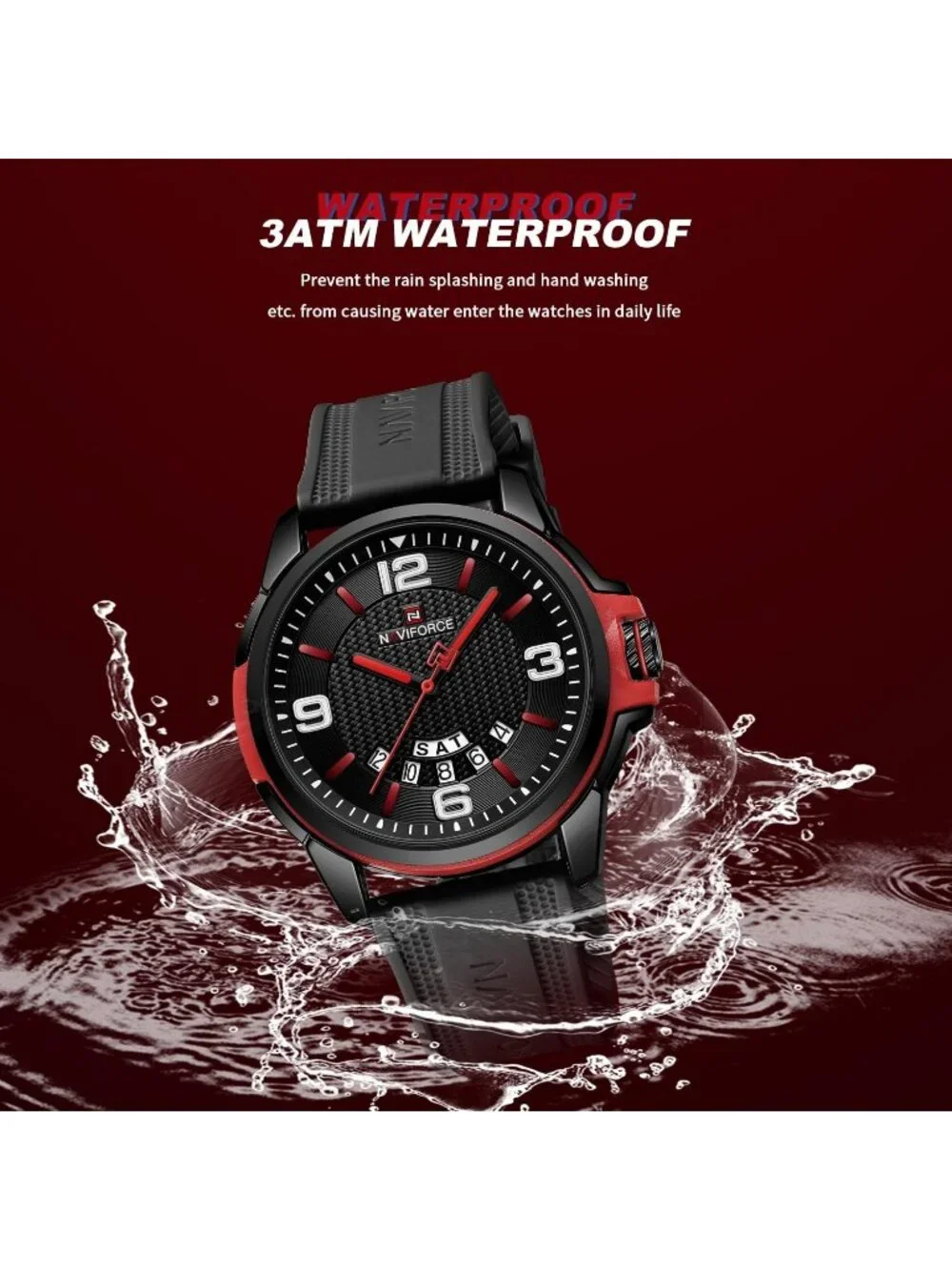Unisex Black Red Analog Quartz Silicone Strap Military Waterproof Wrist Watch